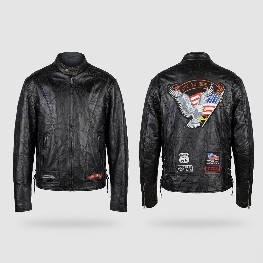 Leather Motorcycle Biker Jacket 3XL Patchwork Embroidered Eagle Harley 3X